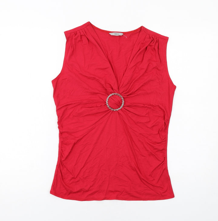 Marks and Spencer Womens Red Viscose Basic Tank Size 14 V-Neck - Ring Detail