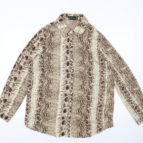 PRETTYLITTLETHING Womens Beige Animal Print Polyester Basic Button-Up Size 10 Collared - Snake Skin Pattern
