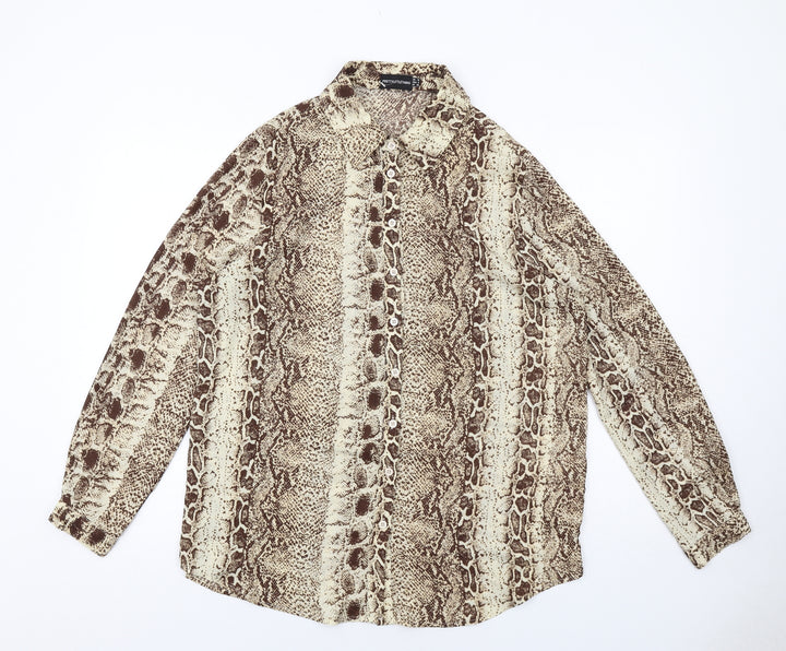 PRETTYLITTLETHING Womens Beige Animal Print Polyester Basic Button-Up Size 10 Collared - Snake Skin Pattern