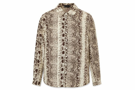 Front view of PRETTYLITTLETHING women’s beige animal print polyester basic button-up, collared - snake skin pattern
