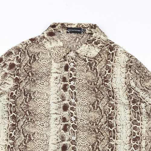 PRETTYLITTLETHING Womens Beige Animal Print Polyester Basic Button-Up Size 10 Collared - Snake Skin Pattern