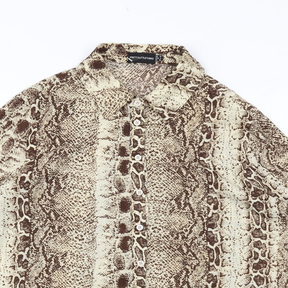 PRETTYLITTLETHING Womens Beige Animal Print Polyester Basic Button-Up Size 10 Collared - Snake Skin Pattern