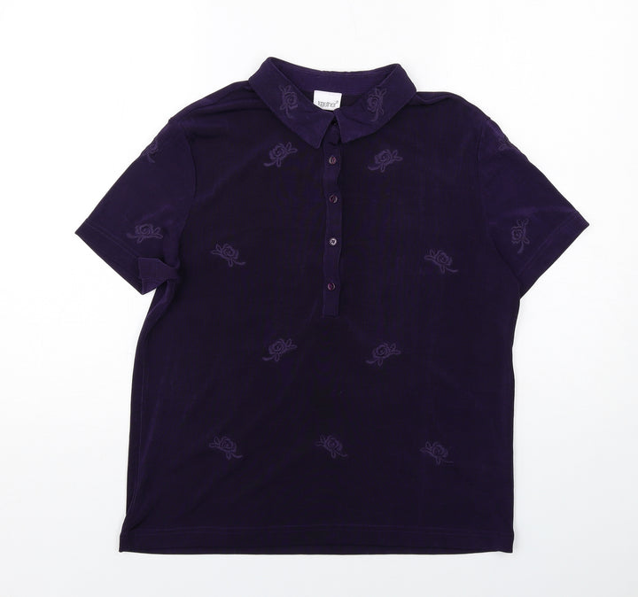 Together Womens Purple Floral Polyester Basic Polo Size 14 Collared