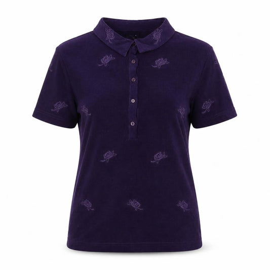 Front view of Together women’s purple floral polyester basic polo, size UK 14, collared