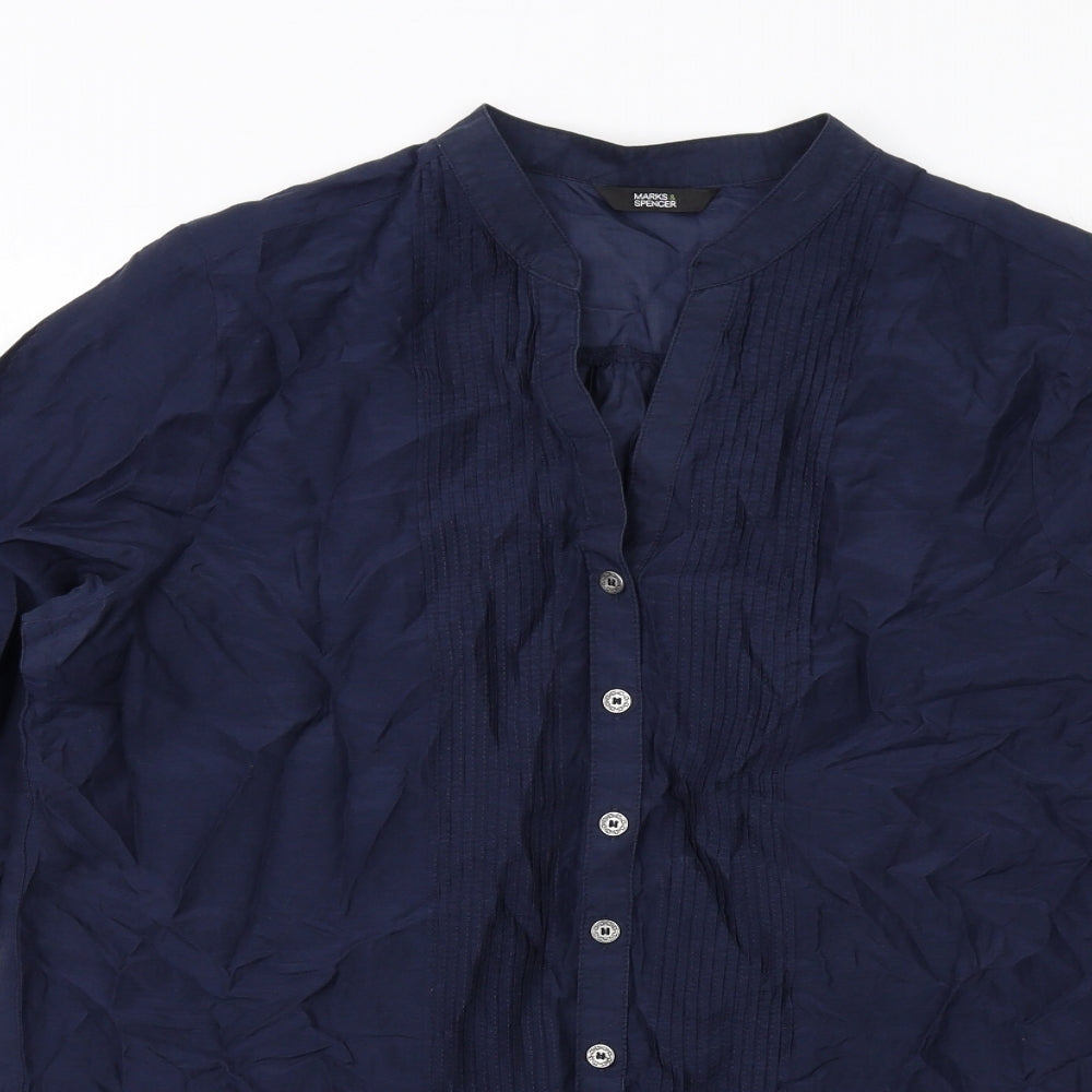 Marks and Spencer Womens Blue Cotton Basic Button-Up Size 14 V-Neck