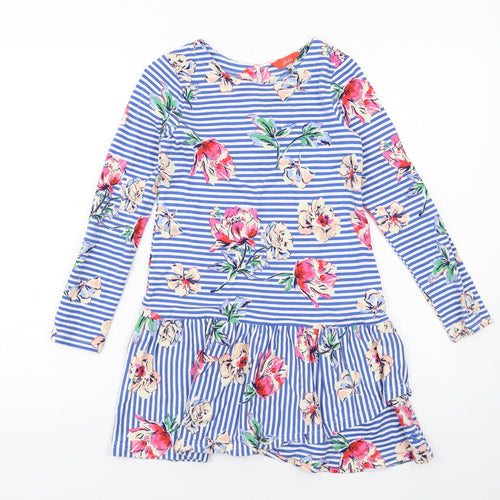 Joules Girls Blue Striped Cotton A-Line Size 9-10 Years Round Neck Button - Roses