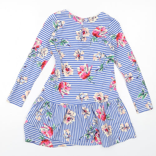Joules Girls Blue Striped Cotton A-Line Size 9-10 Years Round Neck Button - Roses