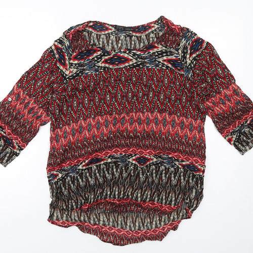Zara Womens Red Geometric Viscose Basic Blouse Size L Round Neck