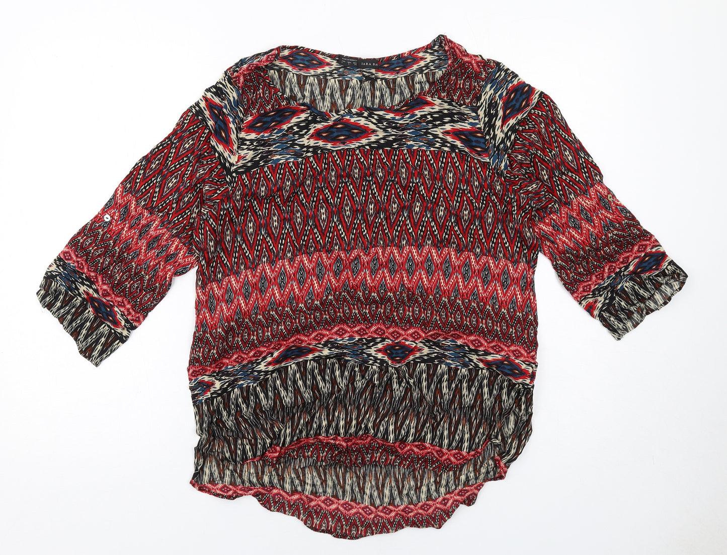 Zara Womens Red Geometric Viscose Basic Blouse Size L Round Neck