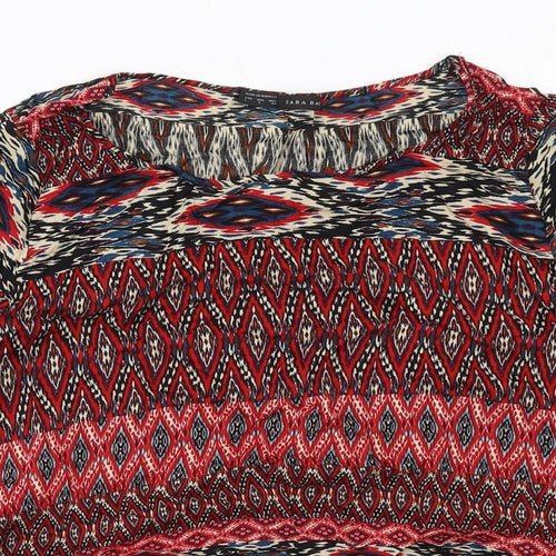 Zara Womens Red Geometric Viscose Basic Blouse Size L Round Neck