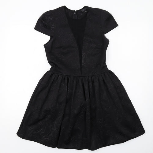 Topshop Womens Black Geometric Polyester Fit & Flare Size 12 Round Neck Zip