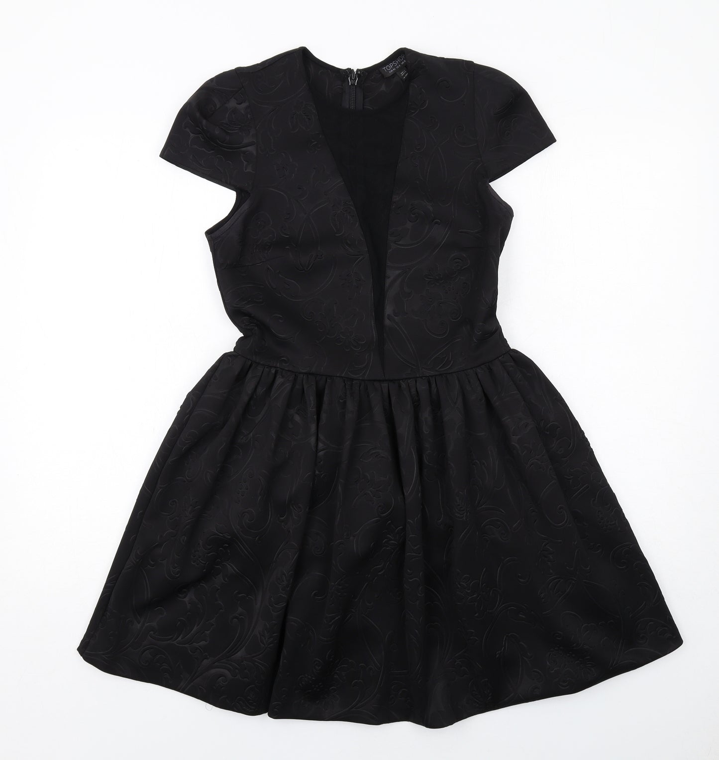 Topshop Womens Black Geometric Polyester Fit & Flare Size 12 Round Neck Zip