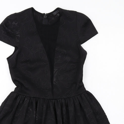Topshop Womens Black Geometric Polyester Fit & Flare Size 12 Round Neck Zip