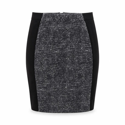Front view of H&M women’s grey geometric viscose bandage skirt, size UK 4, zip