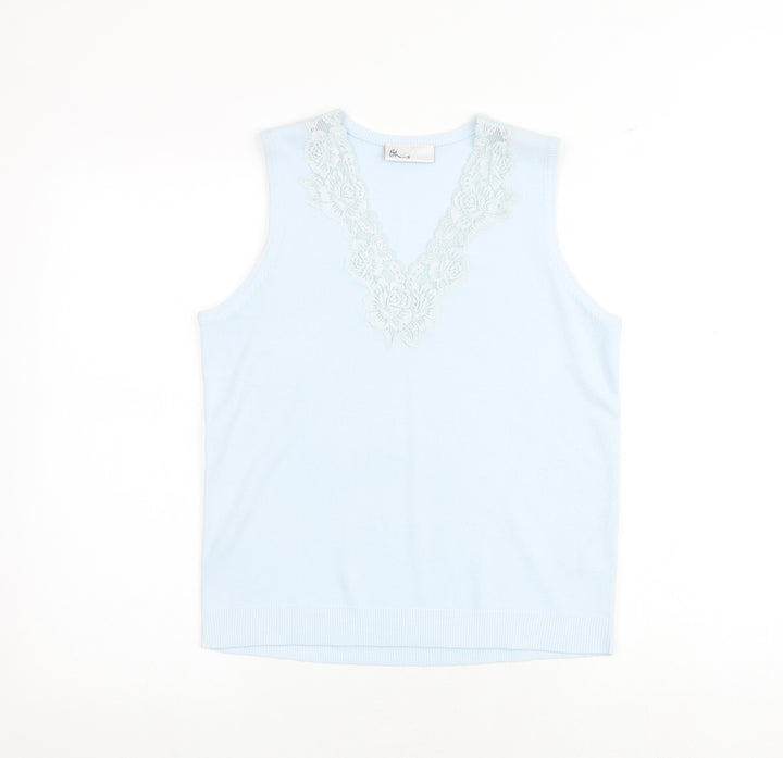 BHS Womens Blue V-Neck Acrylic Pullover Jumper Size 12 - Lace Detail