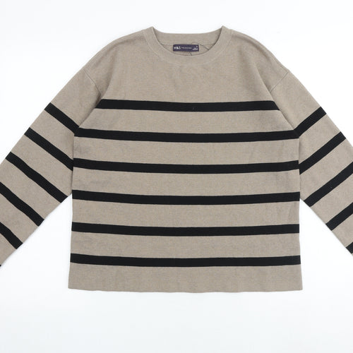 Marks and Spencer Womens Brown Round Neck Striped Cotton Pullover Jumper Size M