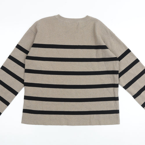 Marks and Spencer Womens Brown Round Neck Striped Cotton Pullover Jumper Size M