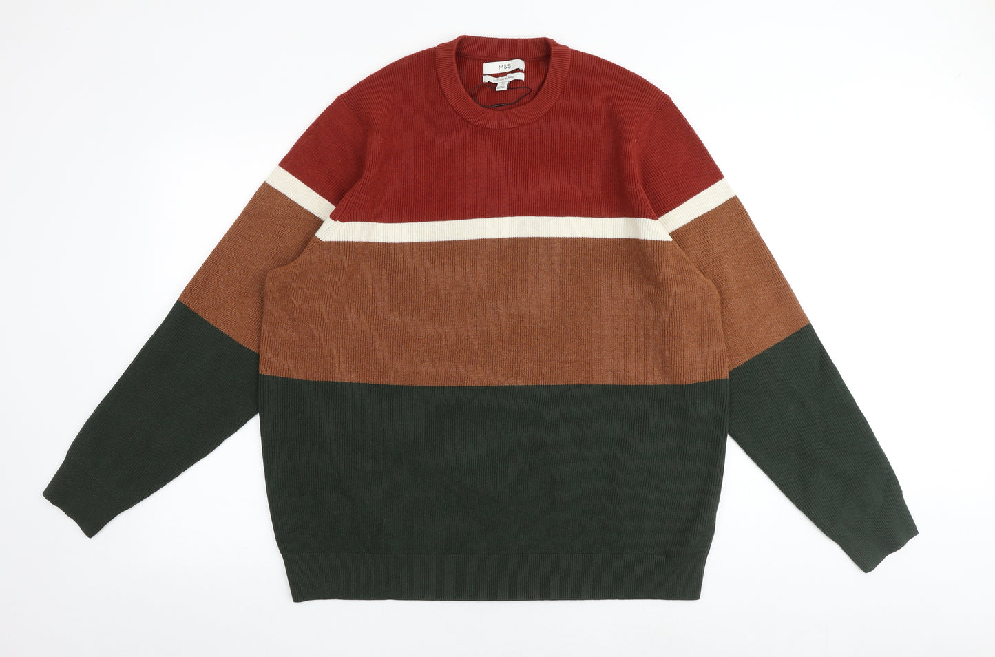 Marks and Spencer Mens Multicoloured Round Neck Striped Polyester Pullover Jumper Size 2XL Long Sleeve