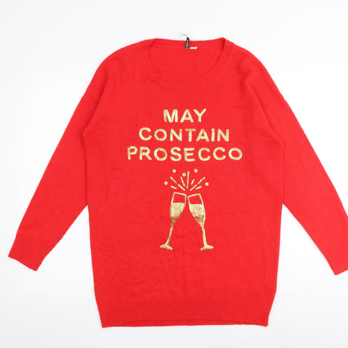 Capsule Womens Red Round Neck Cotton Pullover Jumper Size 12 - May contain prosecco Size 12-14