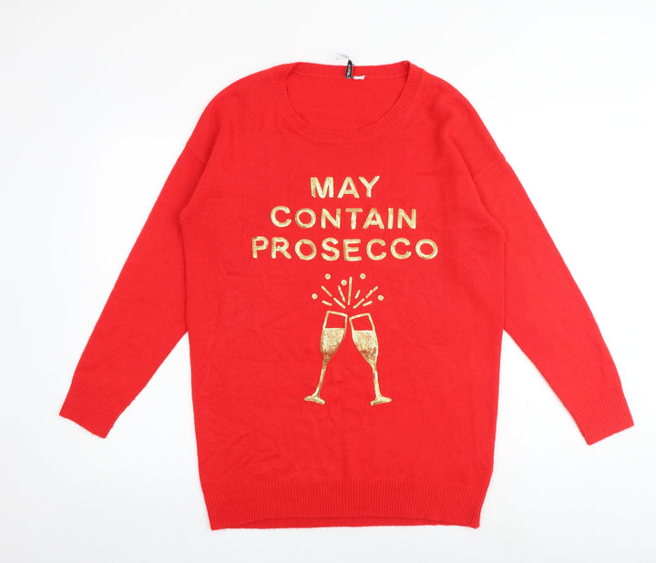 Capsule Womens Red Round Neck Cotton Pullover Jumper Size 12 - May contain prosecco Size 12-14
