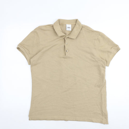 Zara Mens Brown 100% Cotton Polo Size M Collared Button