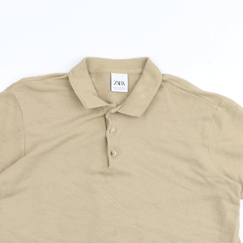 Zara Mens Brown 100% Cotton Polo Size M Collared Button