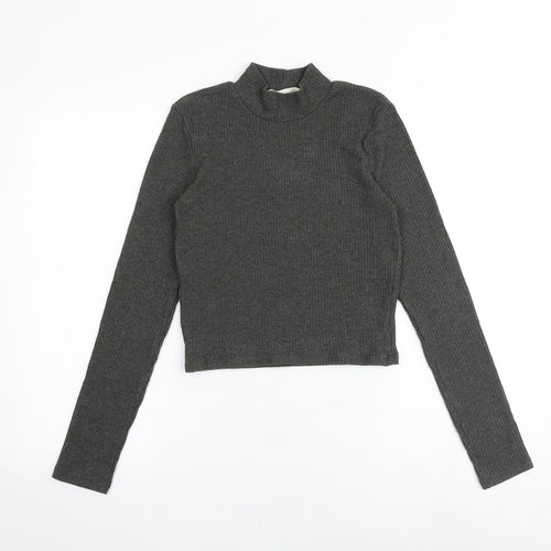 Pull&Bear Womens Grey Polyester Basic T-Shirt Size S Mock Neck