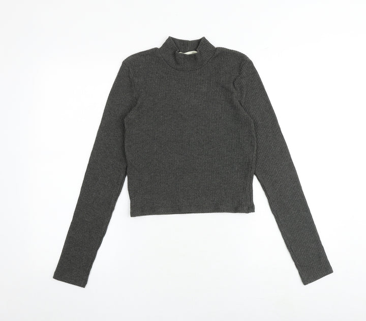 Pull&Bear Womens Grey Polyester Basic T-Shirt Size S Mock Neck