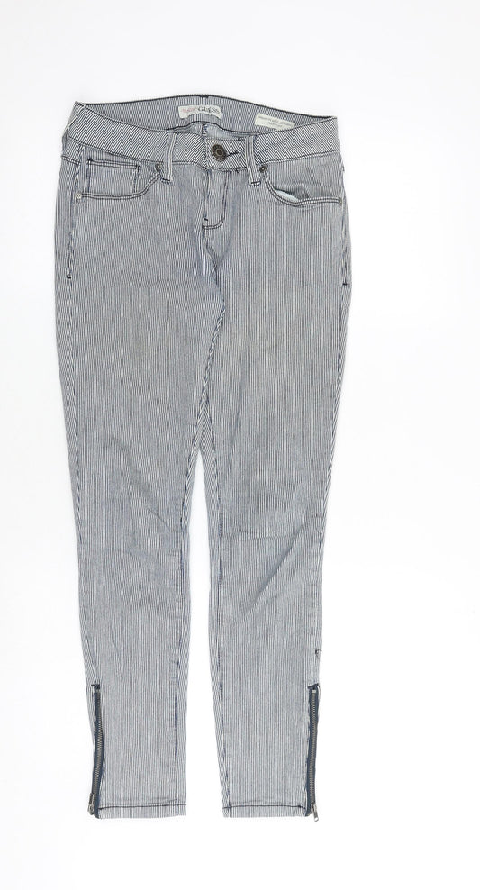 Front view of Next women’s blue striped cotton skinny jeans, size UK 30, in regular zip