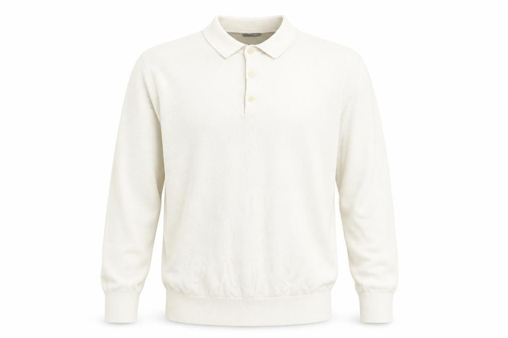 Front view of H&M men’s beige collared cotton jumper, size S, long sleeve