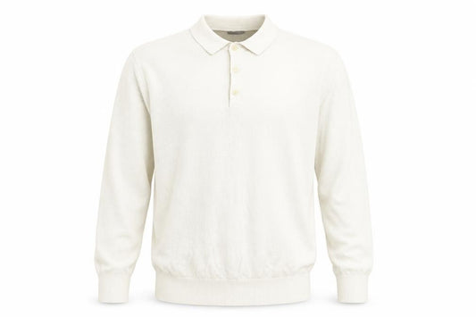 Front view of H&M men’s beige collared cotton jumper, size S, long sleeve