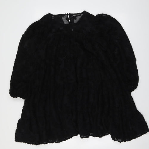 Zara Womens Black Polyester A-Line Size S Round Neck Button