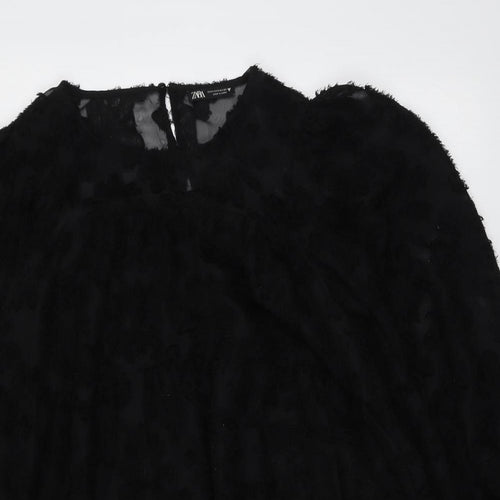 Zara Womens Black Polyester A-Line Size S Round Neck Button