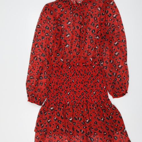 River Island Womens Red Animal Print Polyester A-Line Size 10 Mock Neck Button - Leopard Print