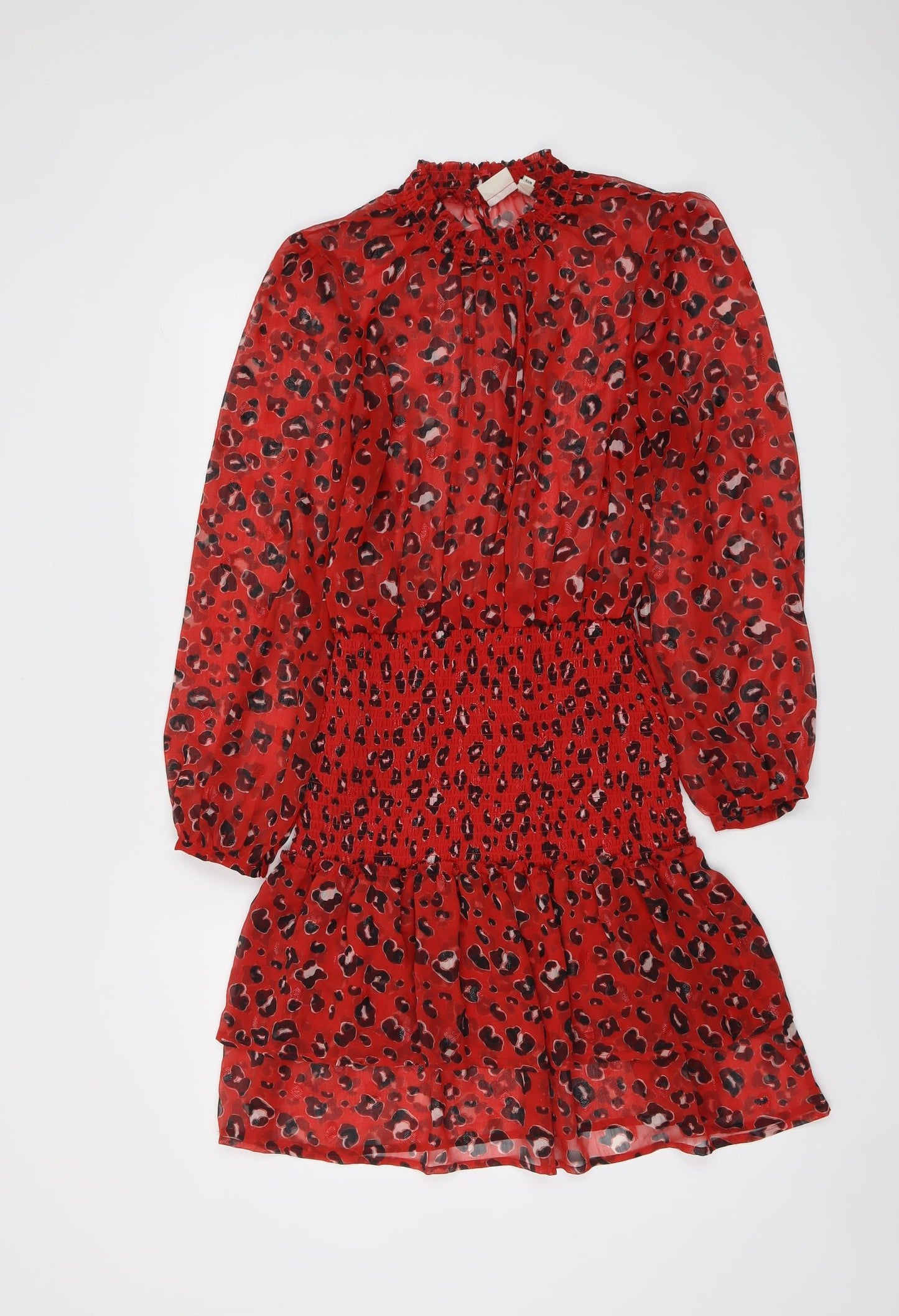River Island Womens Red Animal Print Polyester A-Line Size 10 Mock Neck Button - Leopard Print