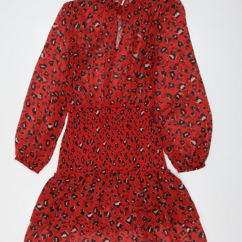 River Island Womens Red Animal Print Polyester A-Line Size 10 Mock Neck Button - Leopard Print