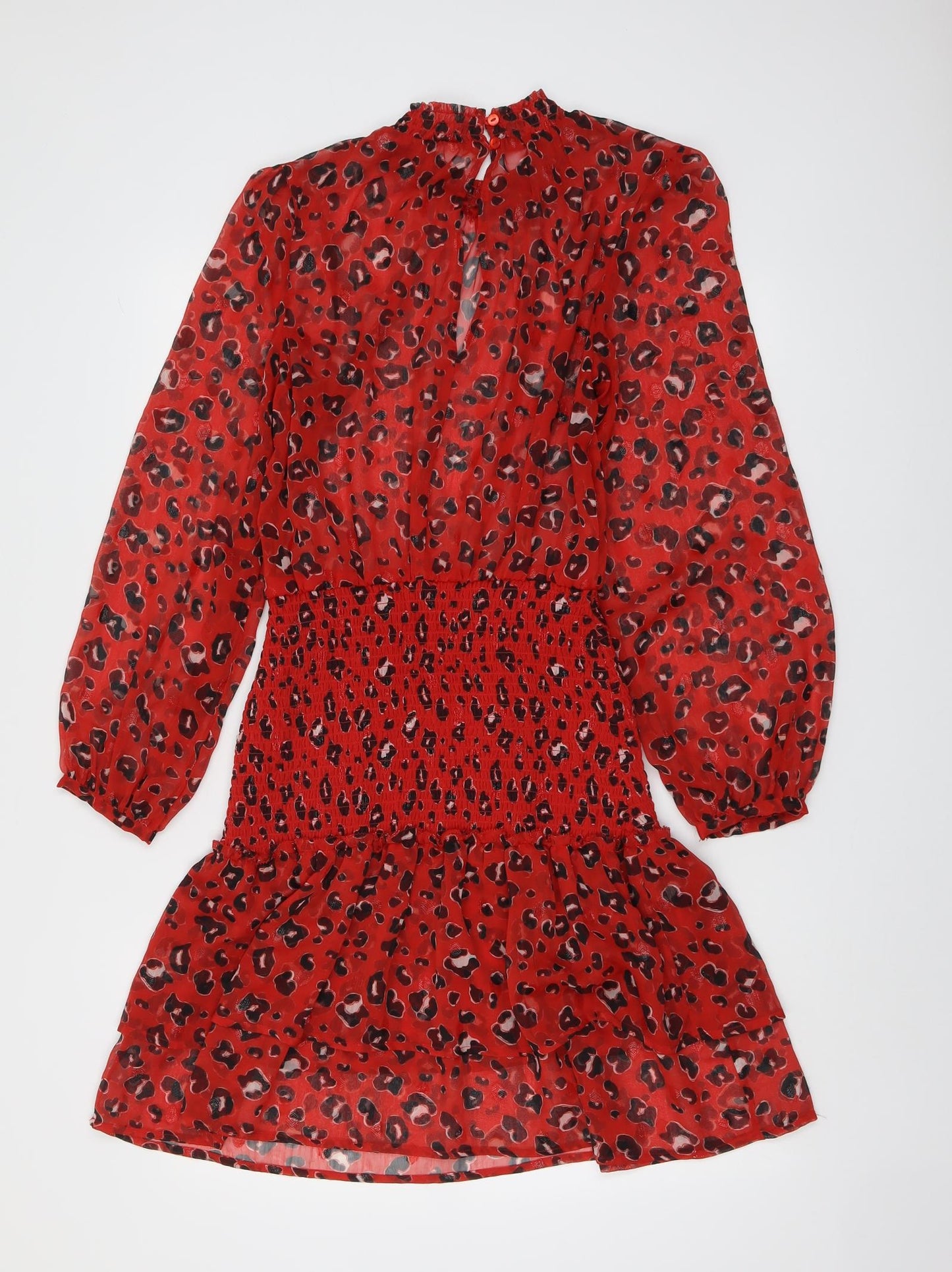 River Island Womens Red Animal Print Polyester A-Line Size 10 Mock Neck Button - Leopard Print