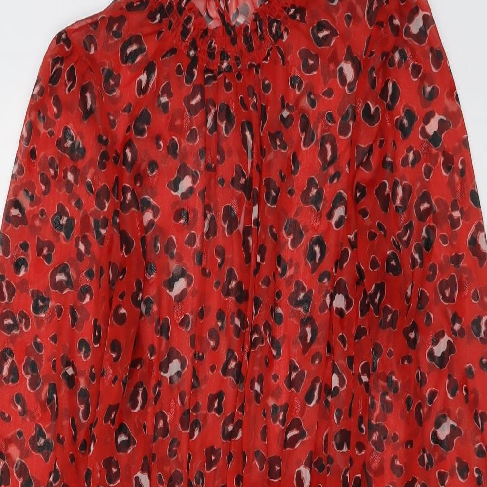 River Island Womens Red Animal Print Polyester A-Line Size 10 Mock Neck Button - Leopard Print