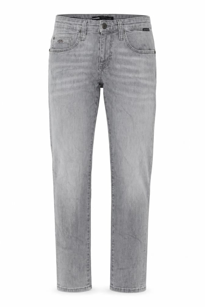 Front view of Mavi men’s grey cotton straight jeans, size 30, in, 29-inch leg regular button