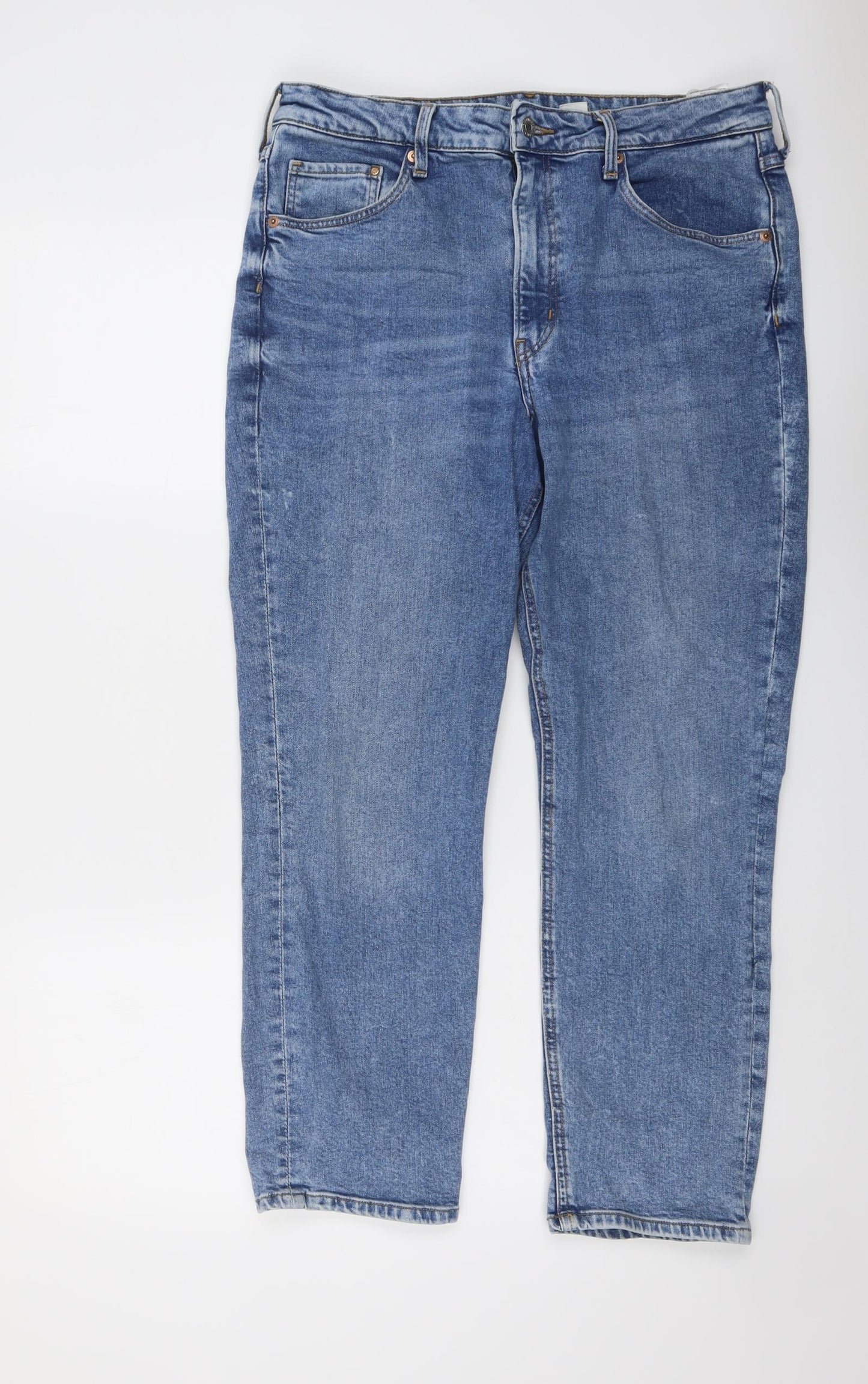 H&M Womens Blue Cotton Straight Jeans Size 16 L28 in Regular Button