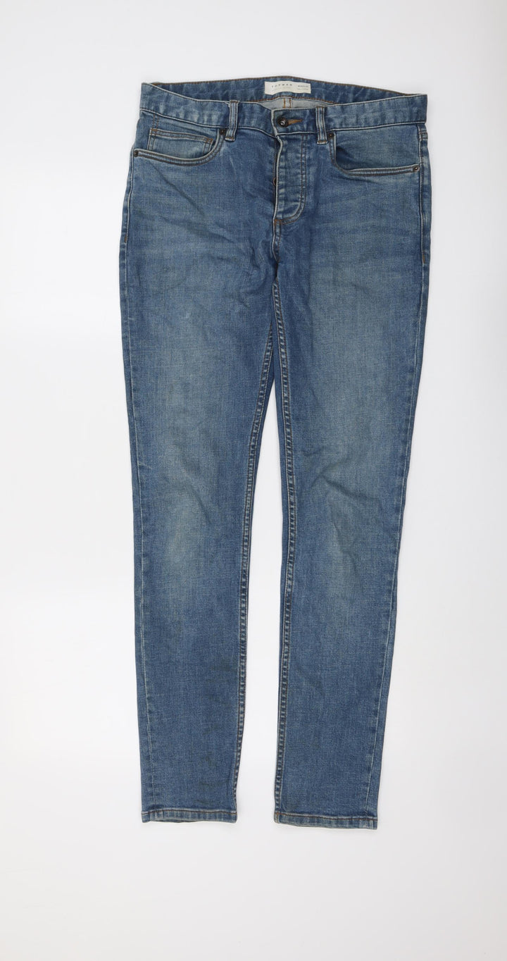 Topman Mens Blue Cotton Skinny Jeans Size 30 in L32 in Regular Button