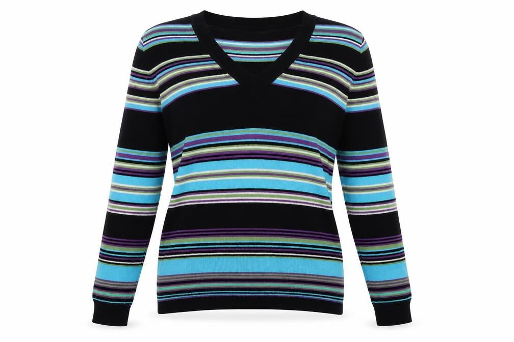 Front view of Sasha women’s multicoloured v-neck striped viscose jumper, size M