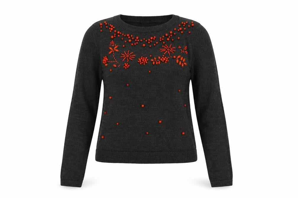 Front view of Marks & Spencer women’s grey round neck acrylic jumper, size UK 8