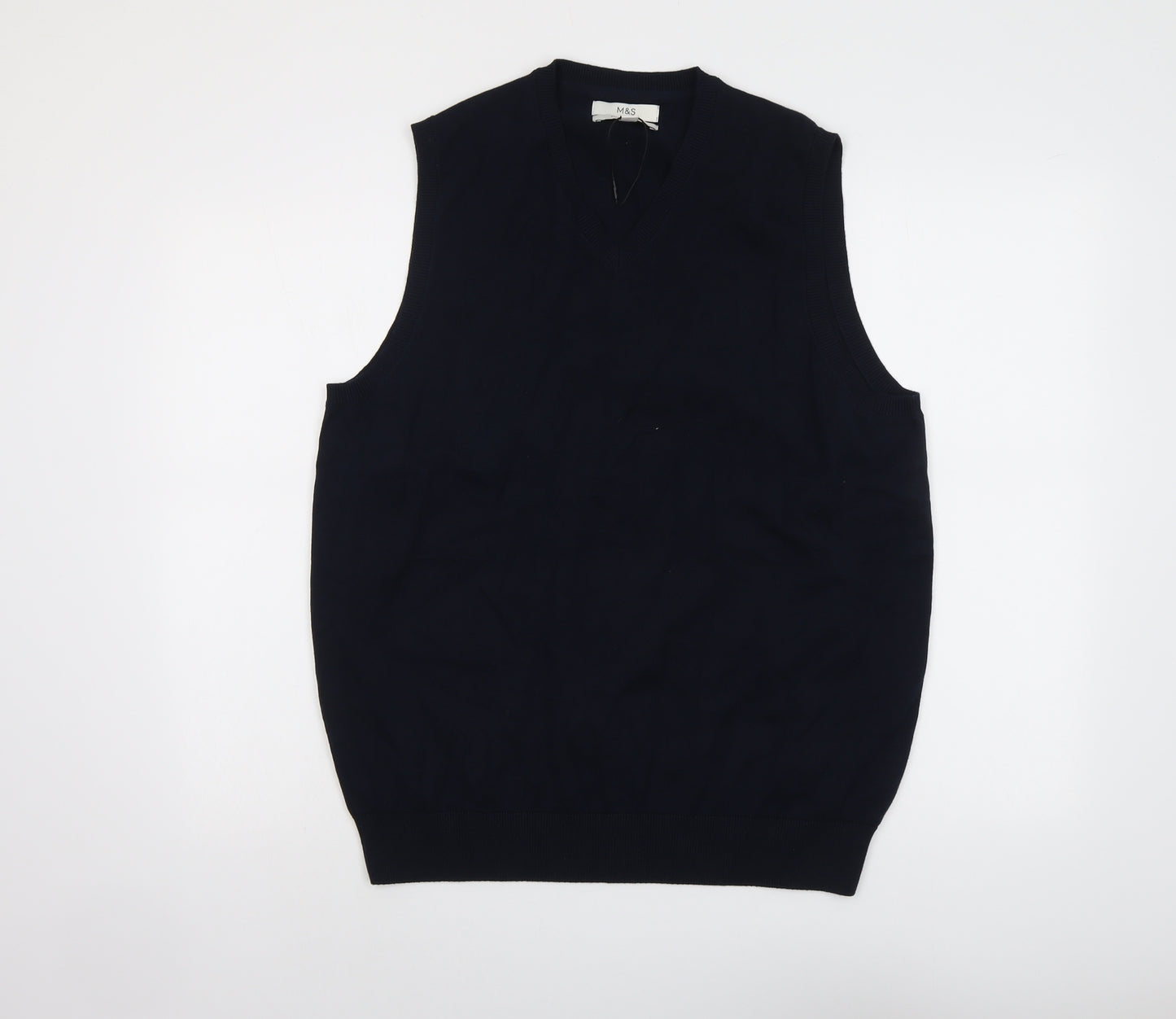 Marks and Spencer Mens Blue V-Neck Cotton Vest Jumper Size L Sleeveless