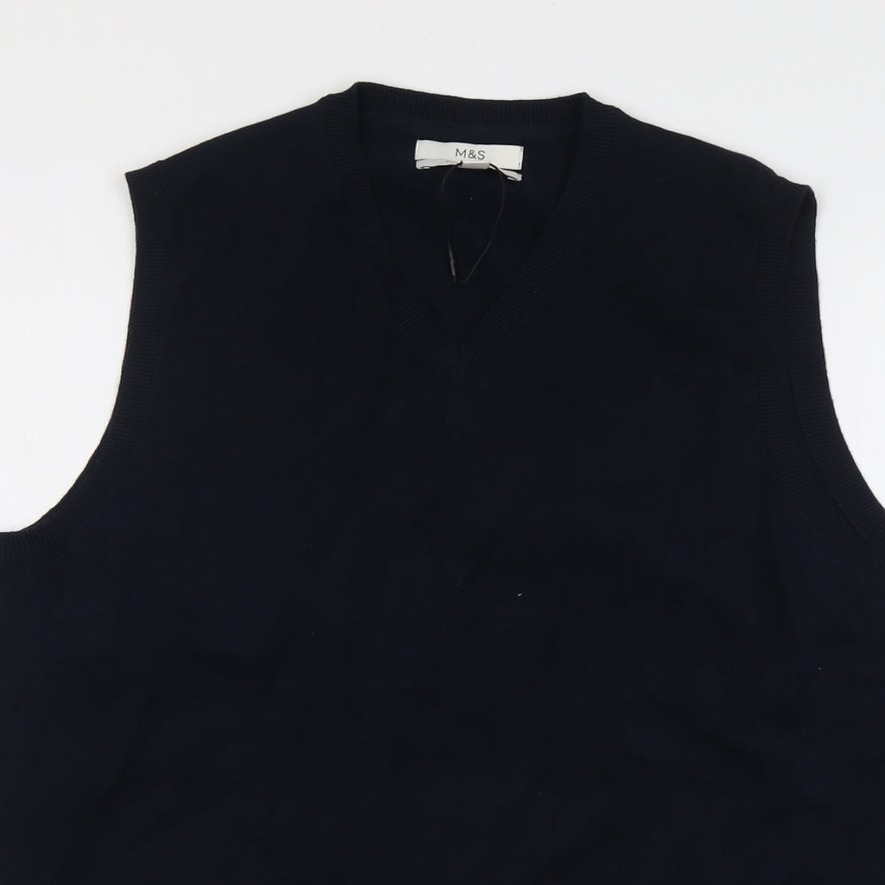 Marks and Spencer Mens Blue V-Neck Cotton Vest Jumper Size L Sleeveless