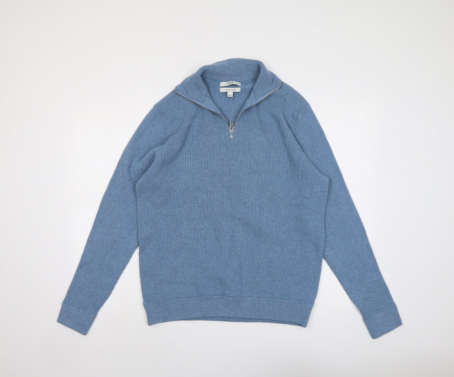 Marks and Spencer Mens Blue Collared Polyester Henley Jumper Size L Long Sleeve