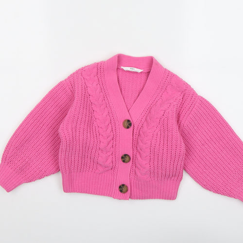 Marks and Spencer Girls Pink V-Neck Acrylic Cardigan Jumper Size 4-5 Years Button
