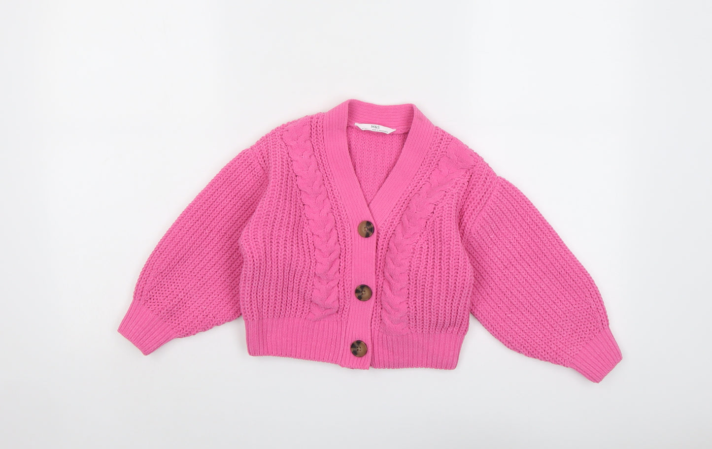 Marks and Spencer Girls Pink V-Neck Acrylic Cardigan Jumper Size 4-5 Years Button