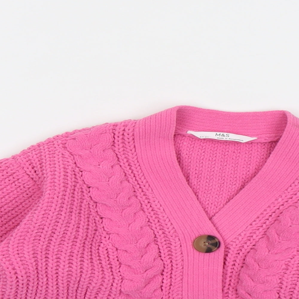 Marks and Spencer Girls Pink V-Neck Acrylic Cardigan Jumper Size 4-5 Years Button