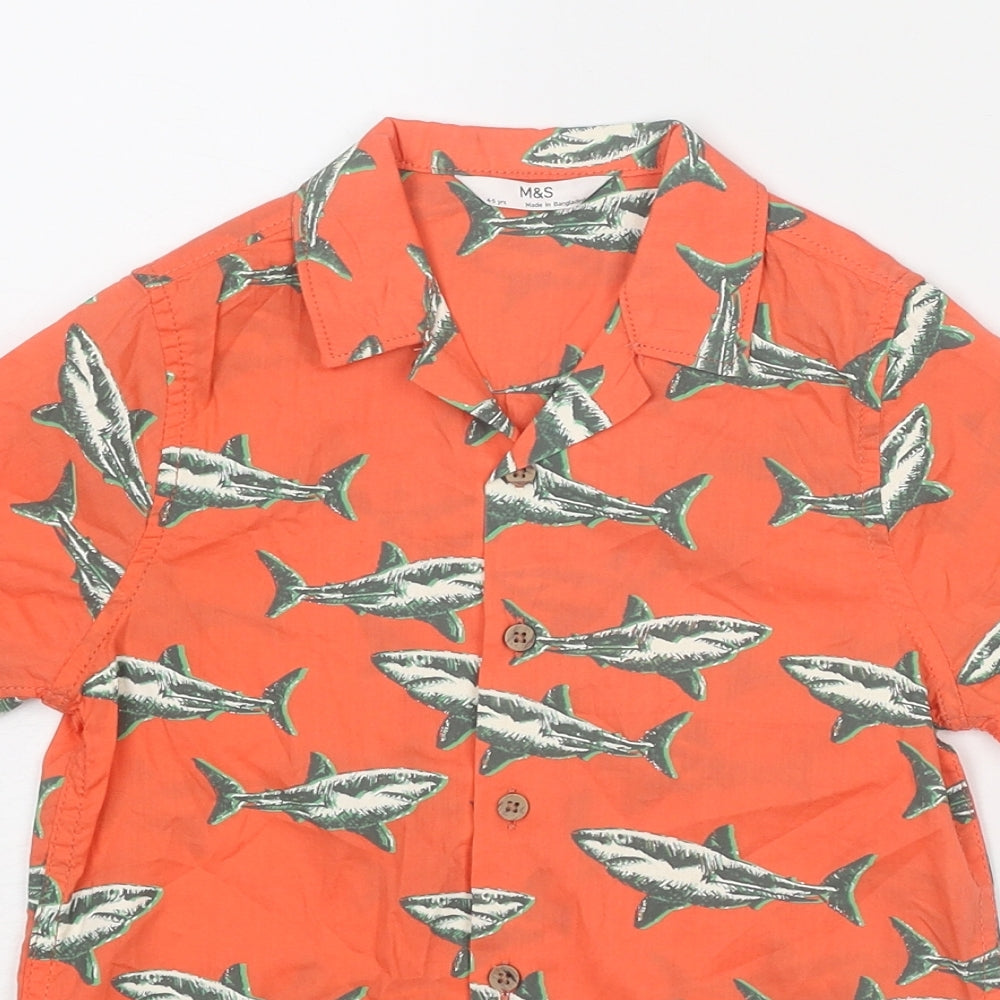 Marks and Spencer Boys Pink Geometric Cotton Basic Button-Up Size 4-5 Years Collared Button - Shark Print